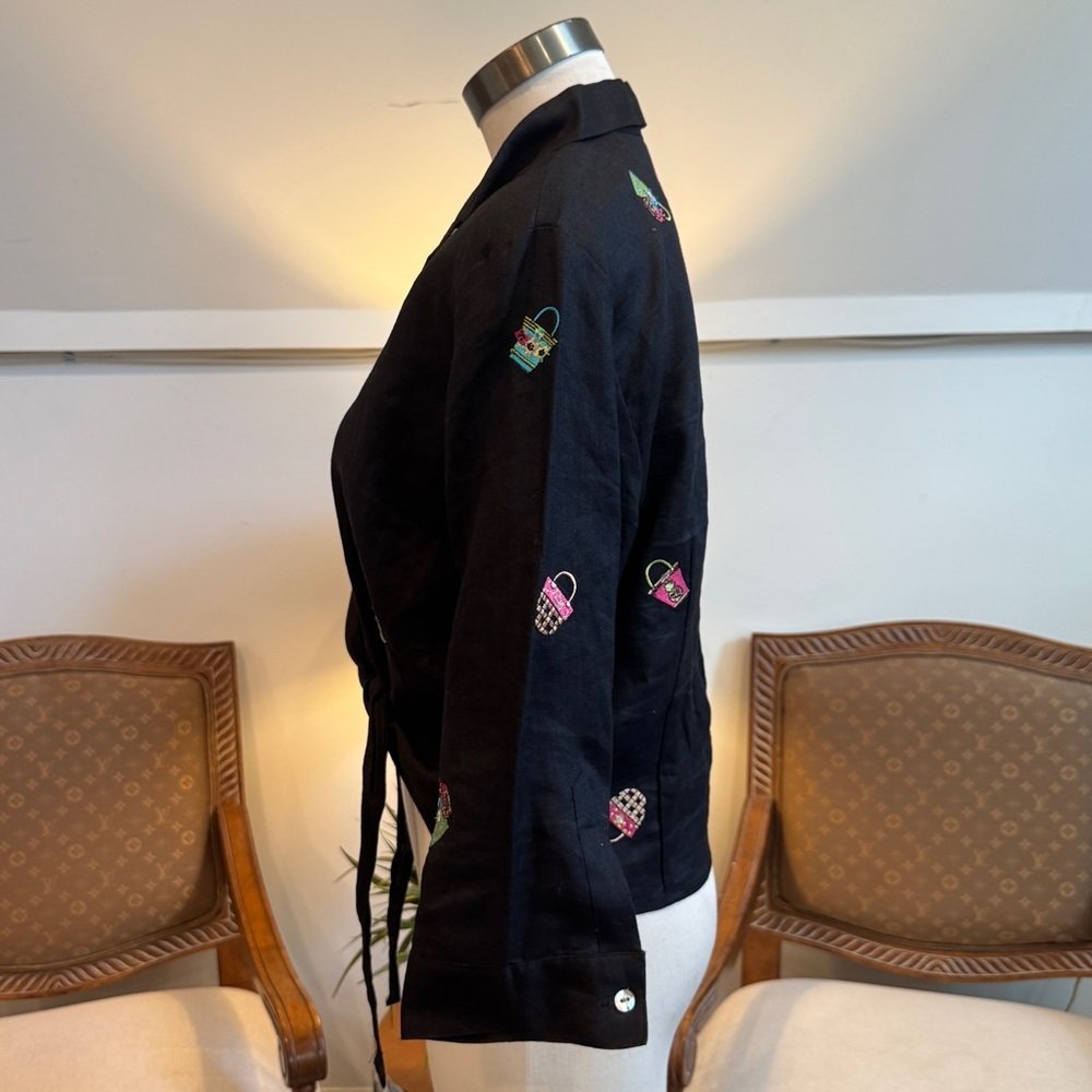 Vintage 90s Black 100% Irish Linen Tie Front Blouse Cropped Embroidered Purses - Picture 3 of 7